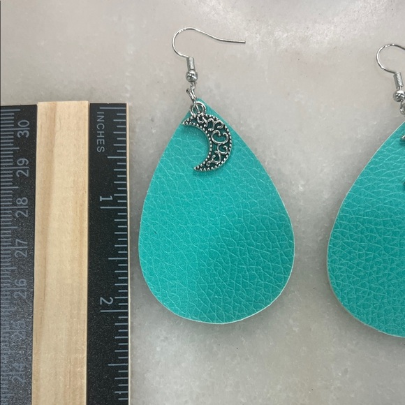 Turquoise Teardrop Earrings with Silver Moon Charm - Picture 2 of 4